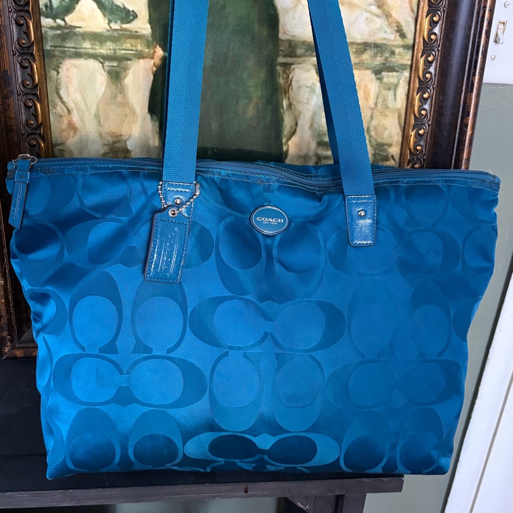 Coach Teal Nylon Signature Tote Bag Large